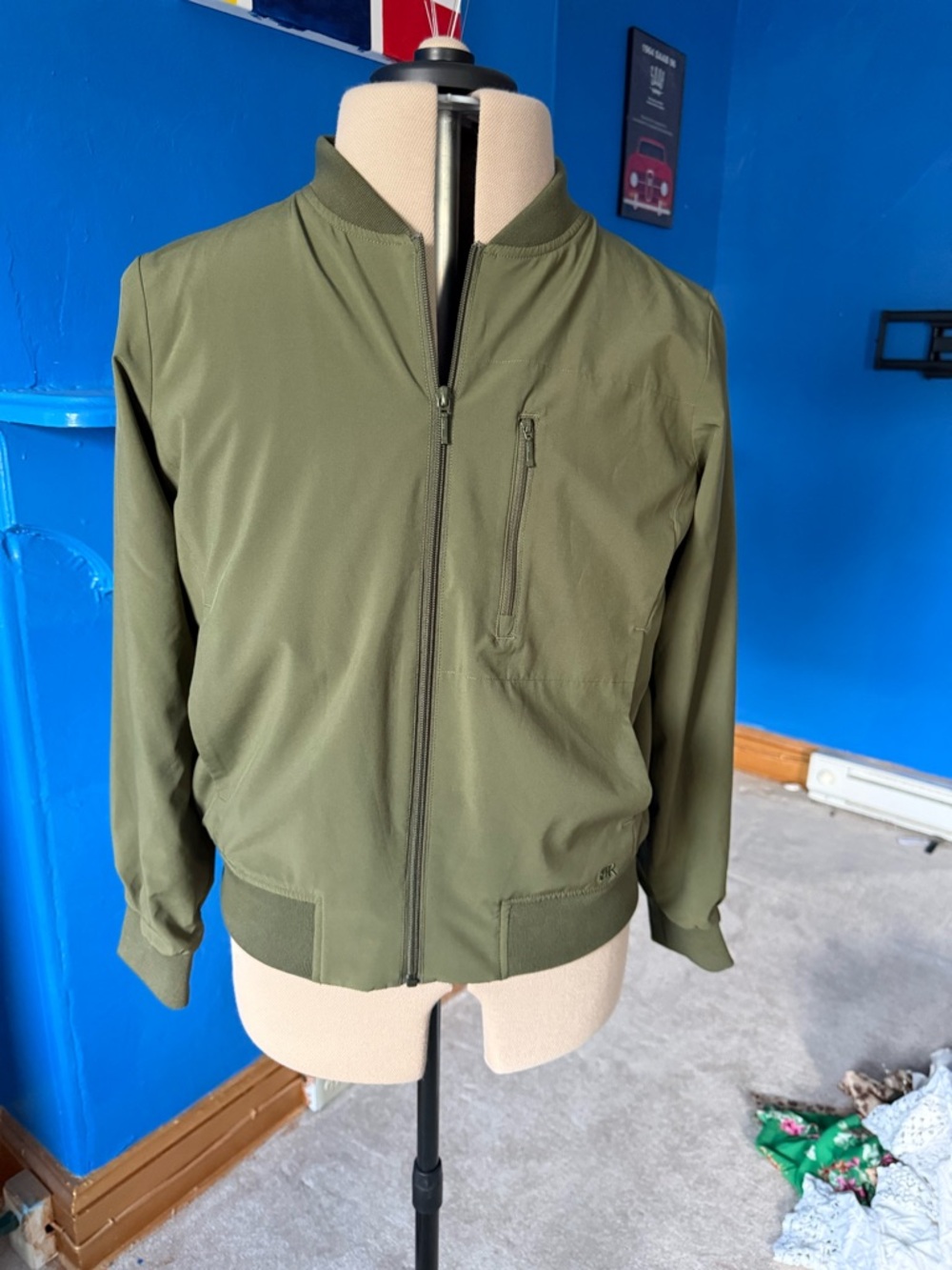 Men's Army green Bomber Jacket - Lightweight Minimalist Zip Front